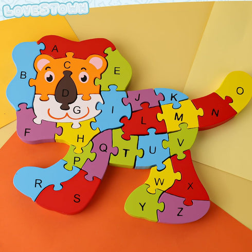 LovesTown Lion Wooden Puzzle, 26PCS Jigsaw Puzzle with Alphabet and Number Blocks for Preschool Education