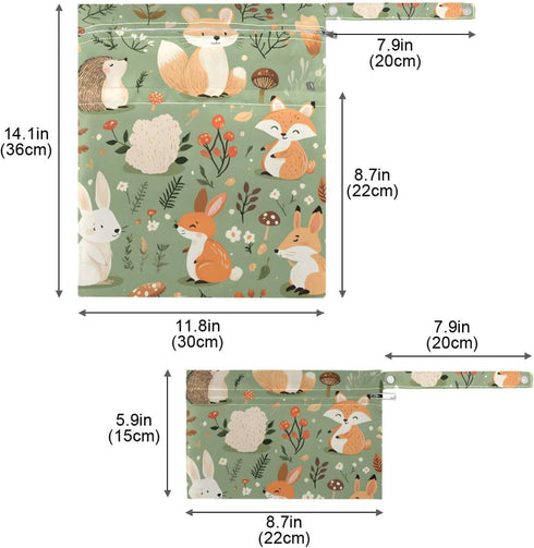 Gravopti Set 2, Woodland Animal Wet Dry Bags of Reusable Waterproof Organizer with Zipper Pockets for Baby Diapers