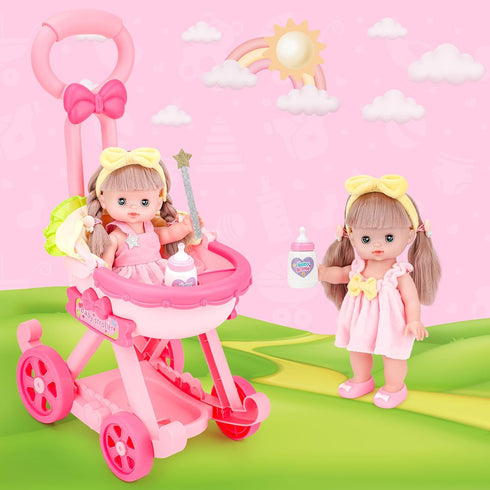 deAO Baby Doll Stroller with 12 Inch Doll, Foldable Stroller Role Play Set with 16 PCS Accessories for Kids