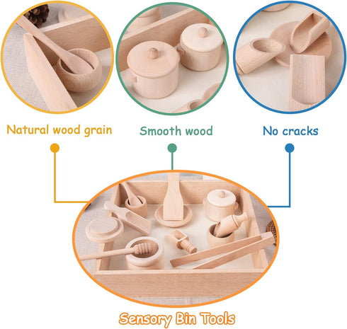 Montessori Sensory Bin Tools Toy with Wooden Box for Toddlers, Pretend Play Dish Toys, Kids Fine Motor Skills
