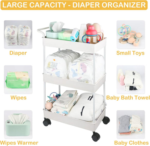Volnamal Baby Diaper Caddy, Plastic Movable Cart for Newborn Nursery Essentials Diaper Storage Caddy Organizer
