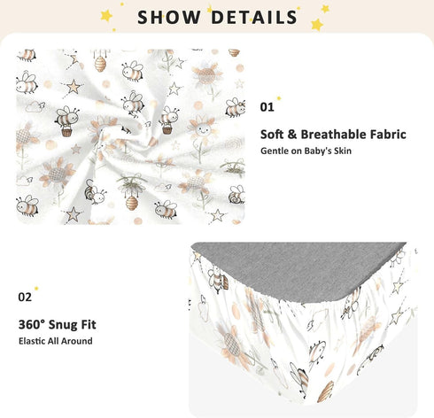 miaozhen 1 Pack 52x28 Cotton Baby Crib Sheets Soft Stretchy Funny Sunflower and Bee Boy Girl Crib Sheet for Nursery