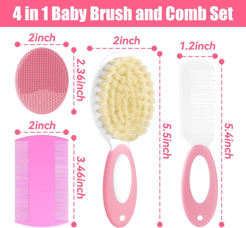 Set, 4Pcs Baby Hair Brush and Comb Baby Soft Bristles Brush Cradle Cap Brush Hair Comb for Newborns Toddlers Boys Girls