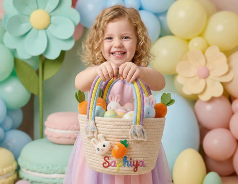 OXYEFEI Personalized Easter Basket for Kids,Custom Cute Easter Rabbit Carrot Cotton Woven Basket with Name,Egg Hunts