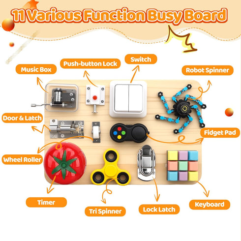 Amarlozn 11 1 11" Busy Board Toy for Toddlers, in Wooden Montessori Educational Fidget Sensory Toy for Stress Relief