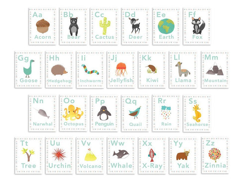 English Alphabet 5x7 Wall Cards, Nature Themed Kid's Wall Art, Nursery Decor, Gender Neutral Room Decor