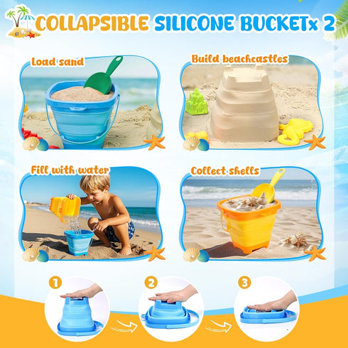 Set 19PCS LovesTown Collapsible Beach Toys for Kids, Collapsible Sand Bucket and Shovels with Mesh Bag & Sand Molds