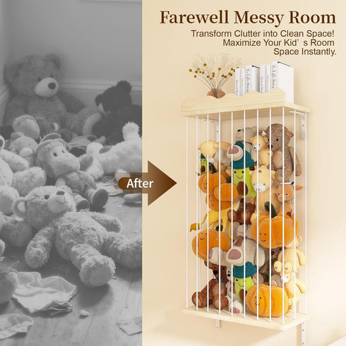 Hammock Adjustable Stuffed Animal Storage with Shelf (Patented) - Large Wooden Hanging Plush Toy Organizer - Corner
