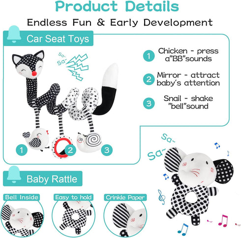 3 Pcs Car Seat Toys for Babies 0-6 Months, Black and White Hanging Rattle Toys for Crib Mobile, Infant Sensory