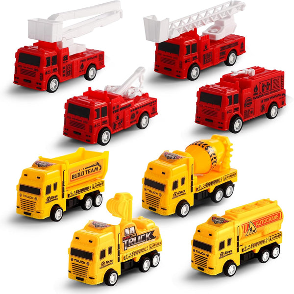 HSMQ 8 Pack Pull Back Cars Vehicle Toys Set, Fire Truck Construction Truck