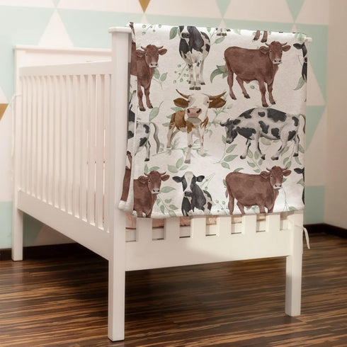 Watercolor Cows Baby Blanket, Farm Cows Green Leaves Flannel Swaddle, Soft Lightweight Receiving Blanket 30x40