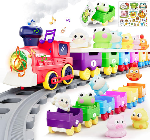 Utrena Toddler Train Track Toys,Electric Farm Animal Train Set, Realistic Steam Lights Sound,