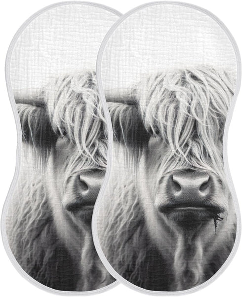 Muslin Baby Burp Cloths Set of 4 - Soft Absorbent Highland Cow Washcloths, Bibs, Face Towels for Newborn Boys & Girls,