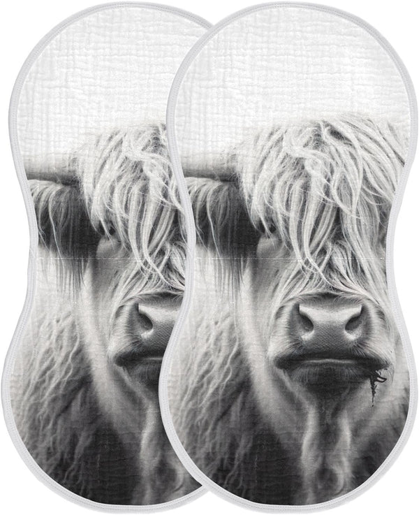 Muslin Baby Burp Cloths Set of 4 - Soft Absorbent Highland Cow Washcloths, Bibs, Face Towels for Newborn Boys & Girls,