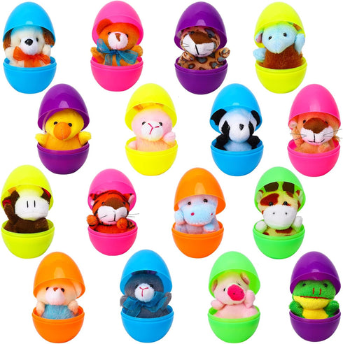 ThinkMax 16 pcs Easter Eggs Filled with Mini Plush Animals Toy for Easter Basket Stuffers/Fillers, Easter Eggs Hunt