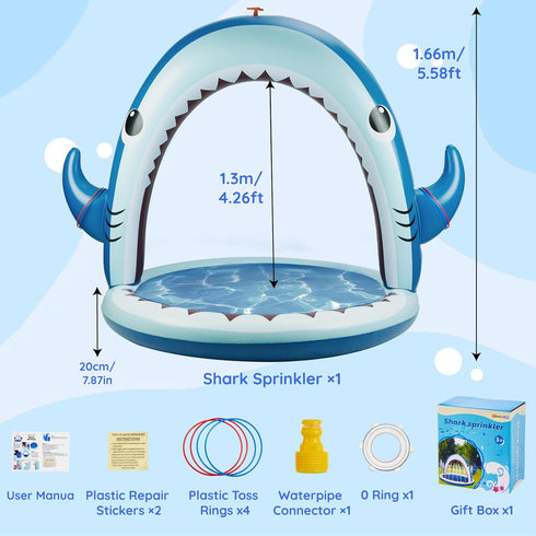 360 Spray,4 Summer 3-8 Gleamkid Giant Shark Sprinkler for Kids - Inflatable Water Toys Splash Pad with PCS Plastic Toss