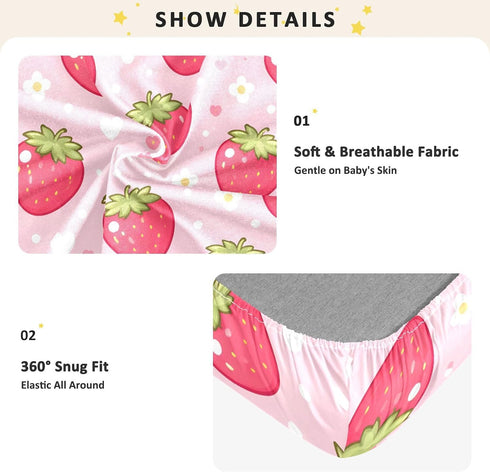 CZXW 52" 28" Red Strawberries Crib Sheets Fitted x Natural Cotton Soft & Breathable for Baby Crib Mattress