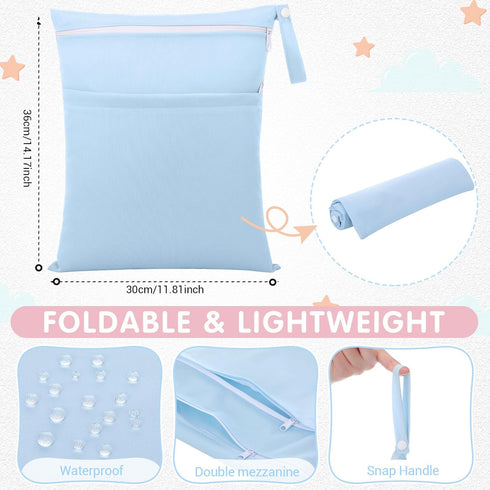 4 Pack 12x14 SATINIOR Wet Dry Bags for Baby Cloth Diapers Washable Travel Swimsuit Wet Bags Reusable with Two Zippered