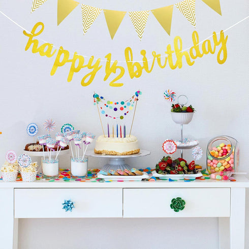 Boao Pre-Strung Half Birthday Decorations Set - 6 Months Happy 1/2 Birthday Banner, Gold Cake Topper, Triangle Flag
