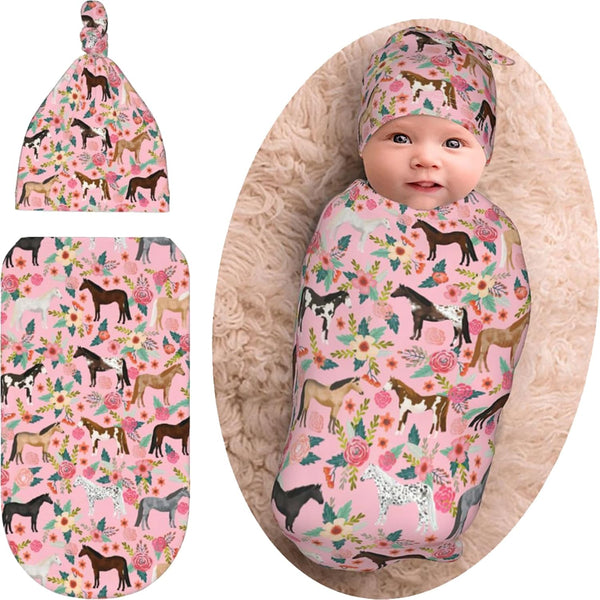 Horse Baby Stuff Gift for Girls - Soft Stretchy Pink Baby Swaddle Blanket Beanie Set for Baby Shower