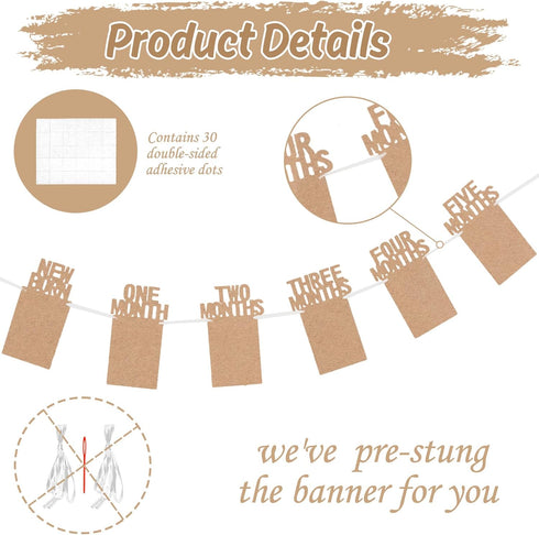 Whaline 1st Birthday Baby Photo Banner for Newborn to 12 Months, Monthly Milestone Bunting Garland Decoration (Kraft)