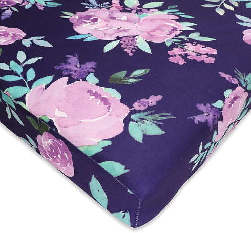 Girl Crib Sheet, Purple Flower Nursery Bed, Flower Sheets for Baby Toddler Mattress, Stretchy and Soft Premium Crib