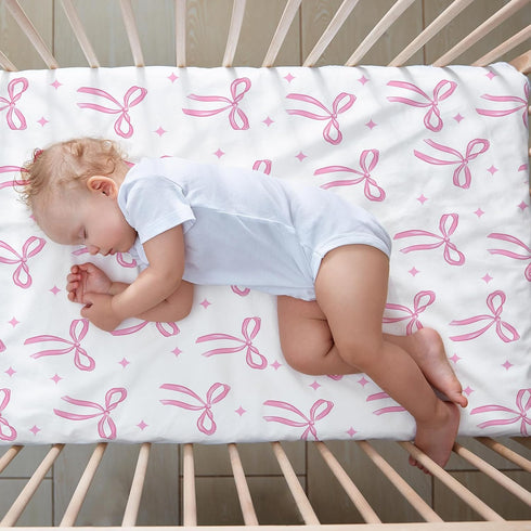 4 Pack 52'' 28'' Set CroBlissful Coquette Pink Bows Baby Crib Fitted Sheet x Pink Bows Fitted Crib Mattress Sheet