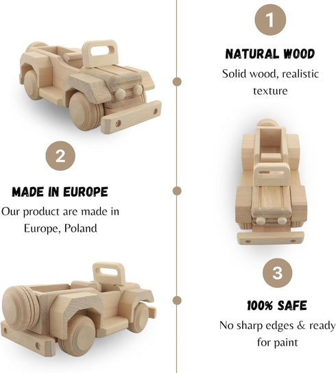 Wooden Car - Off-Road Safari Car Toy, Solid Wood, Handmade in EU, Wooden Trucks, DIY Paint Toy