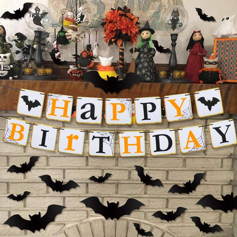 Halloween Party Decorations - Orange Black Latex Balloons, Happy Birthday Banner, 32pcs Black Vampire Bats