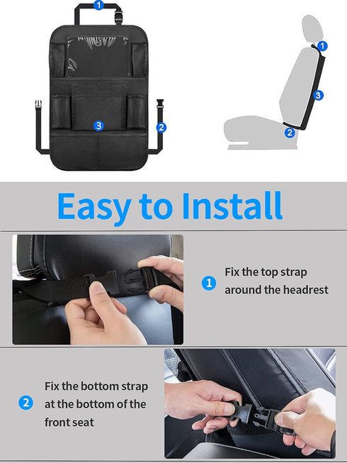Ecurfu Backseat Car Organizer with 10 Compartments, 10 Inch Tablet Holder, Waterproof Storage Bag for Kids Cars (Black)