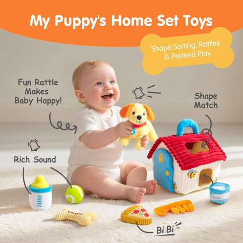 1 Set 1-3, hahaland Montessori Toys for Year Old Plush Puppy Sensory Toy with Dog House, Rattle, Crinkle, Mirror