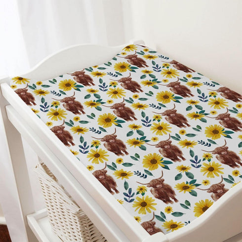 Highland Cows Boho Sunflowers Changing Pad Cover, Cute Yak Floral Diaper Sheets, Soft Breathable Stretchy Mats 32''x16''
