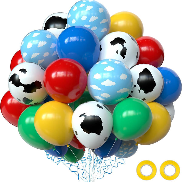 OuMuaMua Toy Inspired Story Party Decorations, 68Pcs Cartoon Balloons with Cow Print for Kids Farm Birthday (12 Inch)