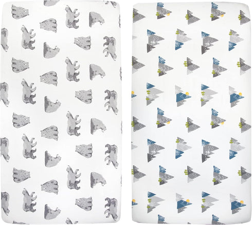 2 Pack 28x52 Standard Microfiber Fitted Crib Sheets for Baby Girl, Boy & Neutral, - Crib Essentials (Bears & Mountains)