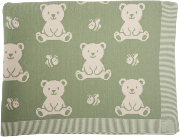 Baby Knit Blanket Soft Cotton Blend with Bear and Bee Design Cozy
