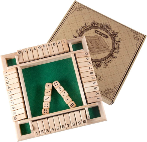 AMEROUS Shut The Box Dice Game - Classic 4 Sided Wooden Board Game for 1-4 Players, Includes 10 Dice