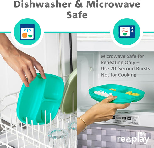 Re-Play Toddler Plates with Dividers, Deep-Walled 3 Compartments, Dishwasher & Microwave Safe, Set of 3 - A True Blue