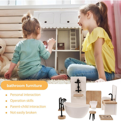 Toyvian 8pcs Dollhouse Bathroom Set: 1/12 Scale Toilet Bathtub Basin Wooden Bathroom Cabinet with Sink Miniature