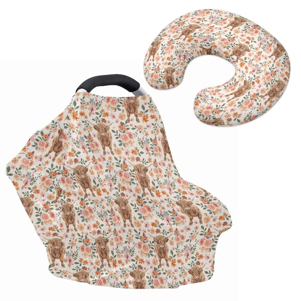 ZDCUSTOM Cute Highland Cow Flower Car Seat Cover with U Shaped Pillowcase Cover
