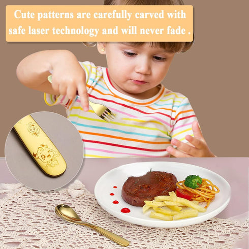Berglander Gold Toddler Utensils Set, 4 Pieces Golden Titanium Plating Kids Silverware, Safe Forks and Spoons