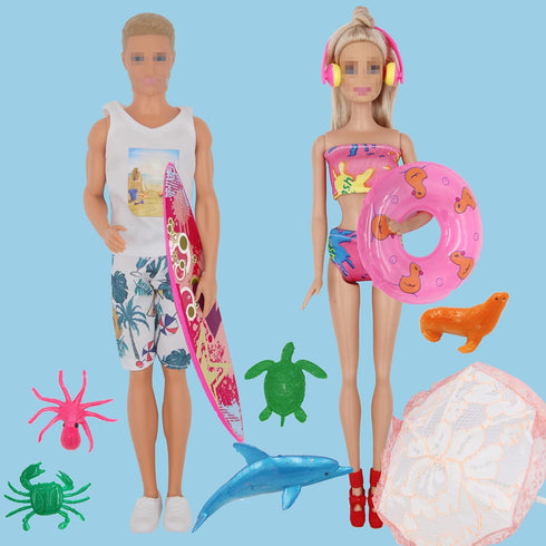 89Pcs Doll Clothes and Accessories for 12 Inch Boy Doll and 11.5 Inch Girl Doll, Seaside Wear Clothes and Shoes