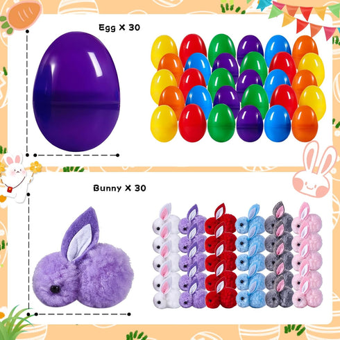 Digwry 30 Pack Prefilled Easter Eggs with Plush Bunnies,Pre Filled Easter Eggs with Stuffed Toys Inside,Easter Basket
