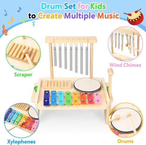 BCY hohipi Set,Baby Set Kids Drum Musical Instrument for Toddler,Wooden Xylophone for Toddlers with Baby Drum and Wind
