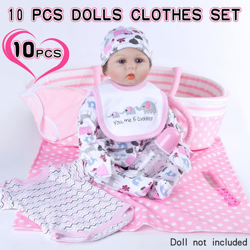 10Pcs 17-22 inch Set Reborn Baby Doll Clothes with Bassinet Blanket Diaper fit Reborn Dolls Cute Pink Baby Doll Clothes