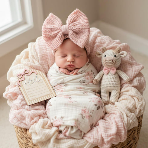 QFGasre 6.9 Inch 3D Wooden Hello Worlds Newborn Signs Baby Announcement Sign Pink Bows Birth Announcement Sign