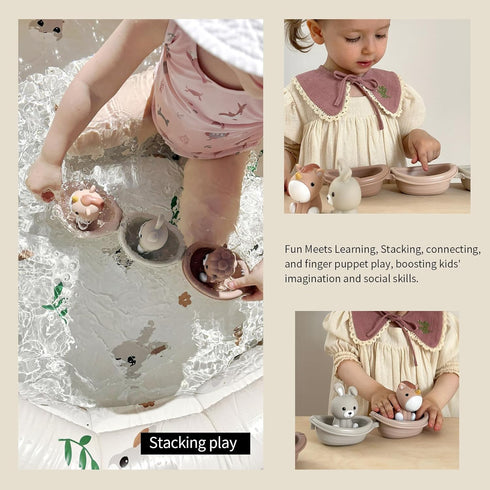 18M+Baby Set 6 Nueplay Bathtub Toys for Toddlers Bath Toys with Animal Finger PuppetsStackable Boat TrainGift for Baby