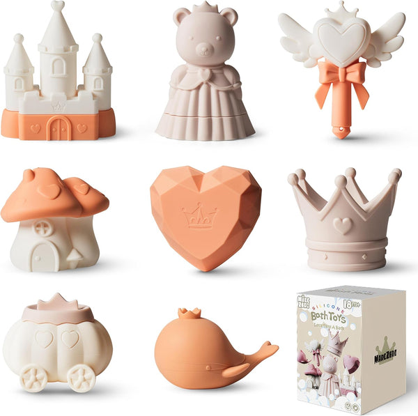 MarcZero Princess Silicone Bath Toys 8Pcs for Toddlers Kids Babies,Bathtub Water Toys,Soft