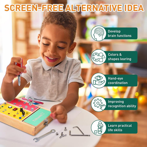 Tilhumt 2-in-1 Busy Board, Montessori Screwdriver Board Set with LED Light Switch Toy for Kids 3-5 Years Old