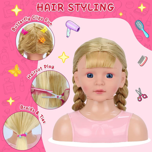 3 4 5 6 7 8 Doll Head for Hair Styling Kids, Pretend Play Hair Salon Toys for Girls with Hairdryer Hair Accessories