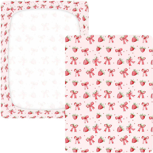 Cotton Crib Sheets for Boys or Girls Strawberries Bows Pattern, Soft Jersey